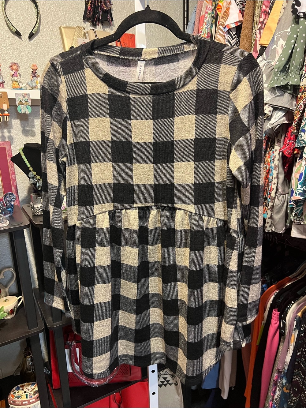 Emerald Black and Cream Buffalo Plaid Tiered Long-Sleeve Top